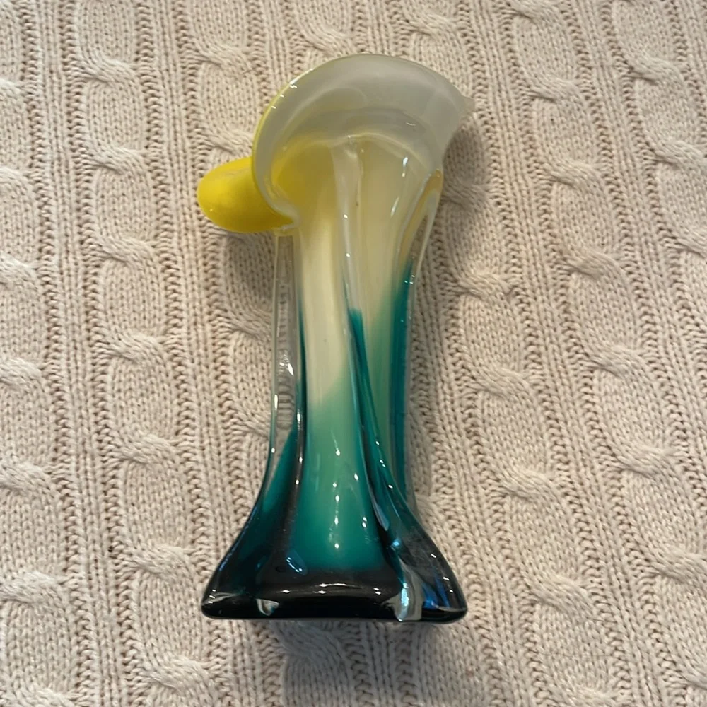 Art Glass Hand Blown Calla Lily/Tulip, Yellow/Teal/Glass Jack in the Pulpit Vase
